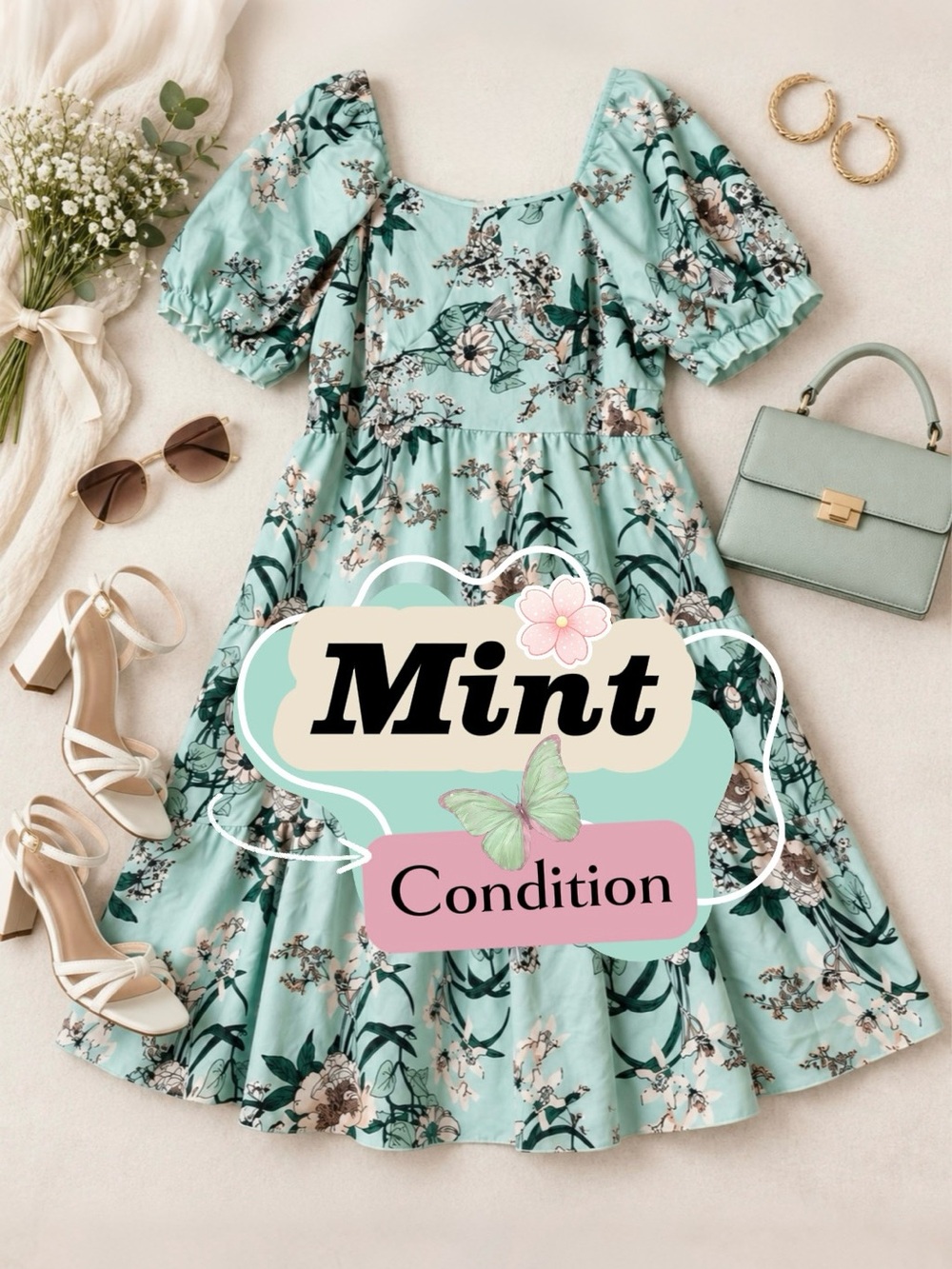 SHEIN Mint Floral Puff-Sleeve Midi Dress